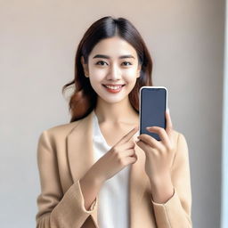 A young woman holding a smartphone and showing it to the camera
