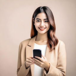 A young woman holding a smartphone and showing it to the camera