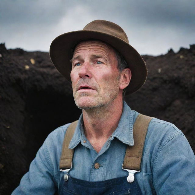 A weary farmer, dressed in traditional overalls and hat, crestfallen and trapped at the bottom of a deep, dark pit, looking upwards towards a tiny speck of sky with a longing expression.