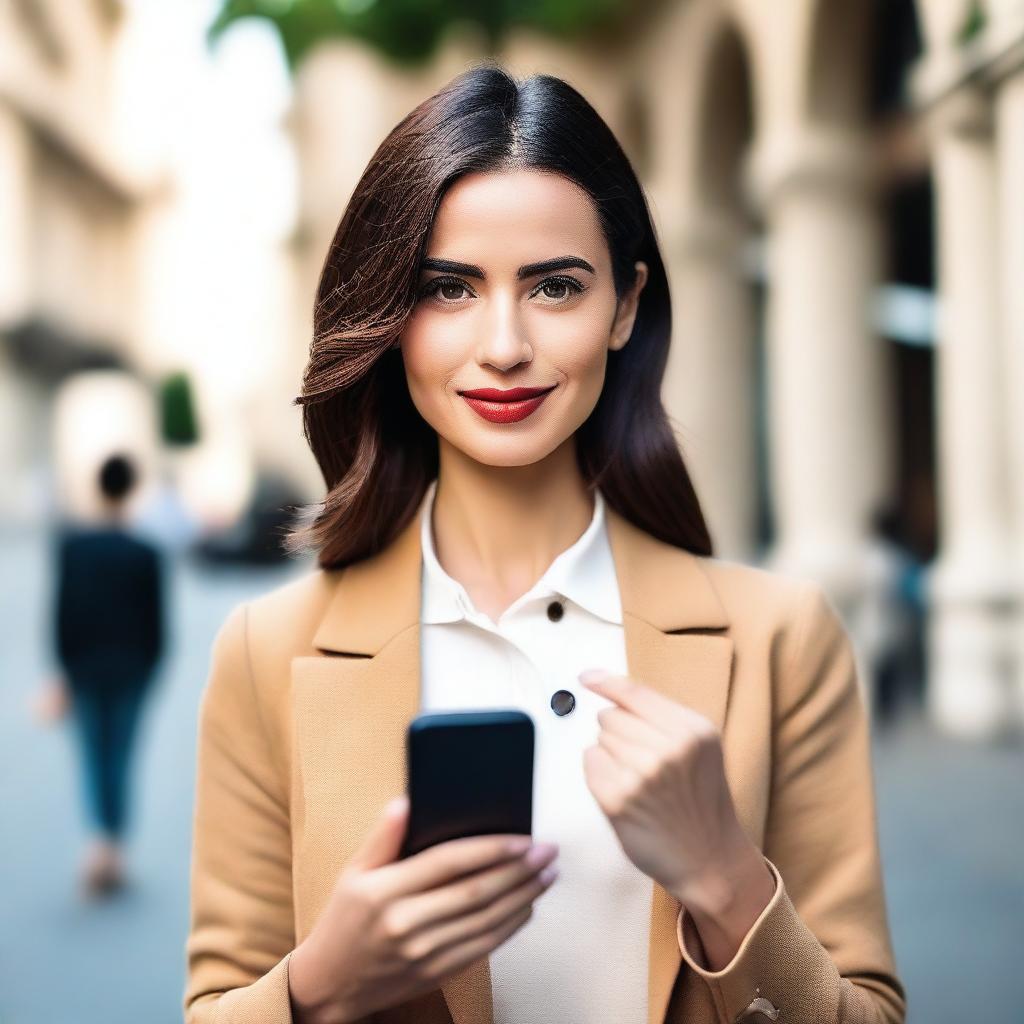 A confident and stylish woman holding a smartphone and showing it to the camera