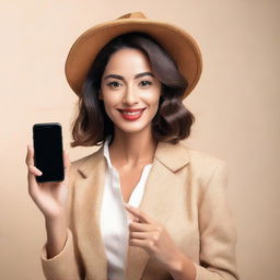 A confident and stylish woman holding a smartphone and showing it to the camera