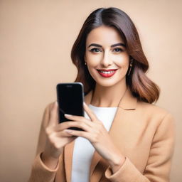 A confident and stylish woman holding a smartphone and showing it to the camera