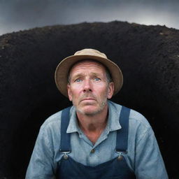 A weary farmer, dressed in traditional overalls and hat, crestfallen and trapped at the bottom of a deep, dark pit, looking upwards towards a tiny speck of sky with a longing expression.