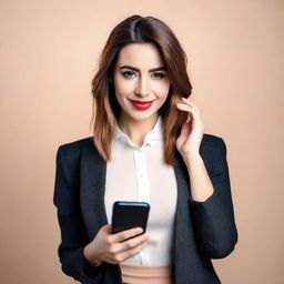 A confident and stylish woman holding a smartphone and showing it to the camera