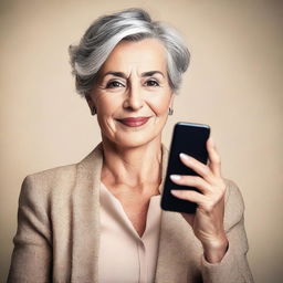 A confident and stylish mature woman holding a smartphone and showing it to the camera