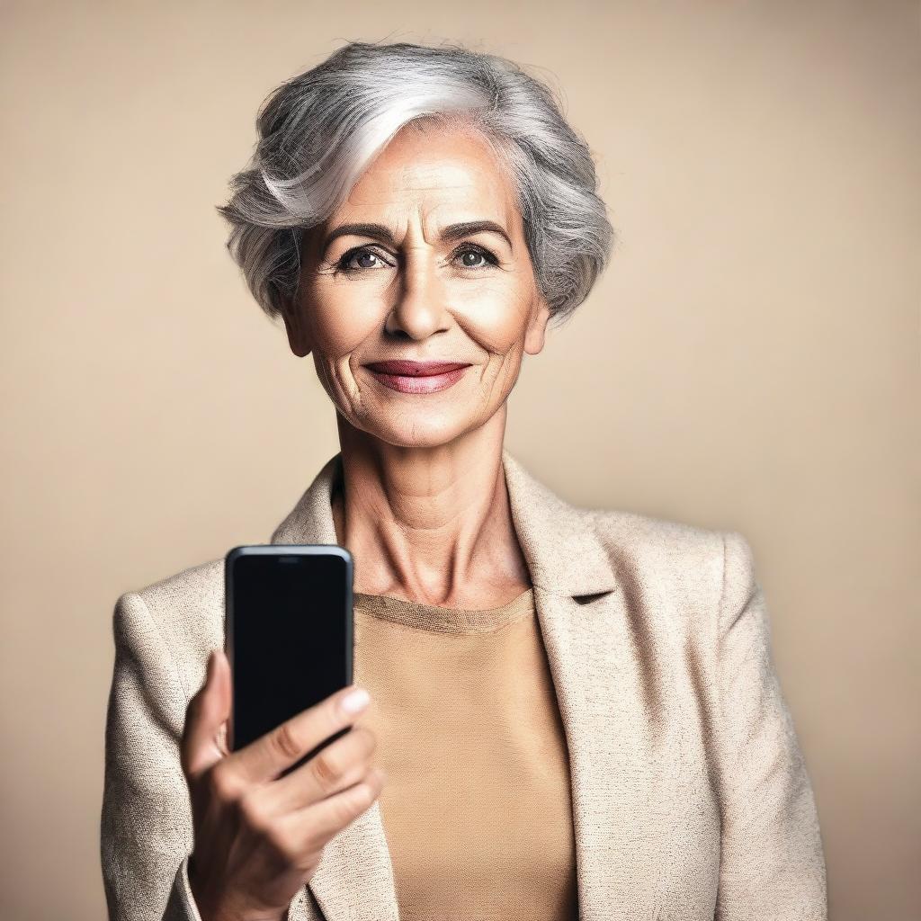 A confident and stylish mature woman holding a smartphone and showing it to the camera