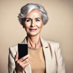 A confident and stylish mature woman holding a smartphone and showing it to the camera