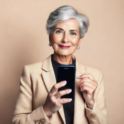 A confident and stylish mature woman holding a smartphone and showing it to the camera