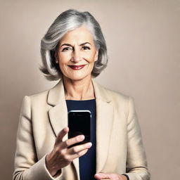 A confident and stylish mature woman holding a smartphone and showing it to the camera