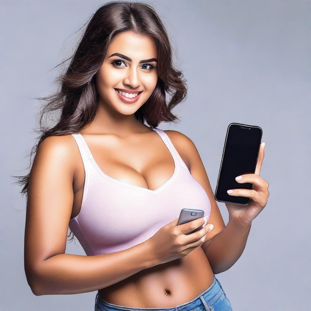 A promotional image featuring a girl with large breasts holding a smartphone