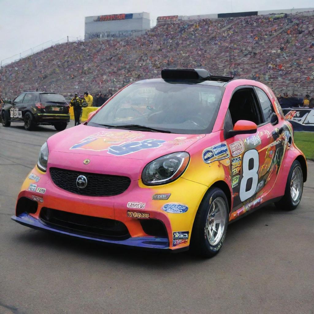 A Smart Car, made over in a NASCAR style, brandishing bright, bold colors, race modifications, and adorned with a variety of sponsor logos.