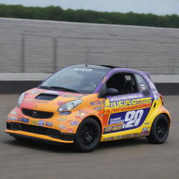 A Smart Car, made over in a NASCAR style, brandishing bright, bold colors, race modifications, and adorned with a variety of sponsor logos.