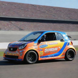 A Smart Car, made over in a NASCAR style, brandishing bright, bold colors, race modifications, and adorned with a variety of sponsor logos.