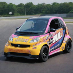 A Smart Car, made over in a NASCAR style, brandishing bright, bold colors, race modifications, and adorned with a variety of sponsor logos.