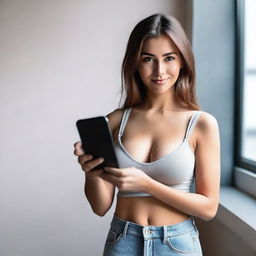 A mockup image featuring a girl with large breasts holding an iPhone