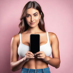 A mockup image featuring a girl with large breasts holding an iPhone