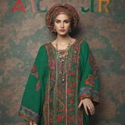 The word 'Algeria' stylishly written out, draped in the vibrant colors and patterns of the traditional Algerian attire.