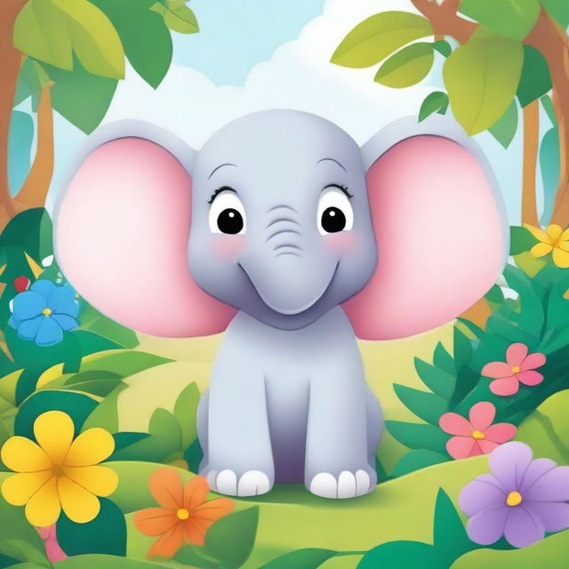 A cute cartoon of Ellie the Elephant, a cheerful and friendly elephant character with big ears and a playful trunk