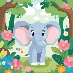 A cute cartoon of Ellie the Elephant, a cheerful and friendly elephant character with big ears and a playful trunk