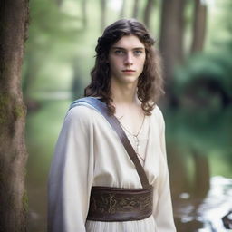 A 17-year-old boy with long, wavy, dark brown hair that reaches above his shoulders