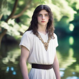 A 17-year-old boy with long, wavy, dark brown hair that reaches above his shoulders