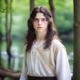 A 17-year-old boy with long, wavy, dark brown hair that reaches above his shoulders