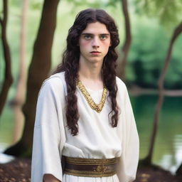 A 17-year-old boy with long, wavy, dark brown hair that reaches above his shoulders