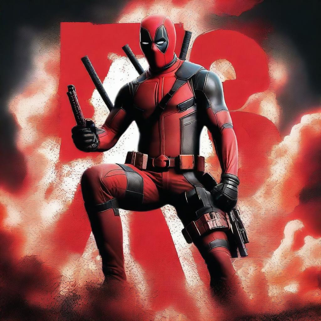 A high-quality movie poster for Deadpool 3, featuring Deadpool in his iconic red and black suit, striking a dynamic pose with his katanas