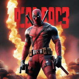 A high-quality movie poster for Deadpool 3, featuring Deadpool in his iconic red and black suit, striking a dynamic pose with his katanas