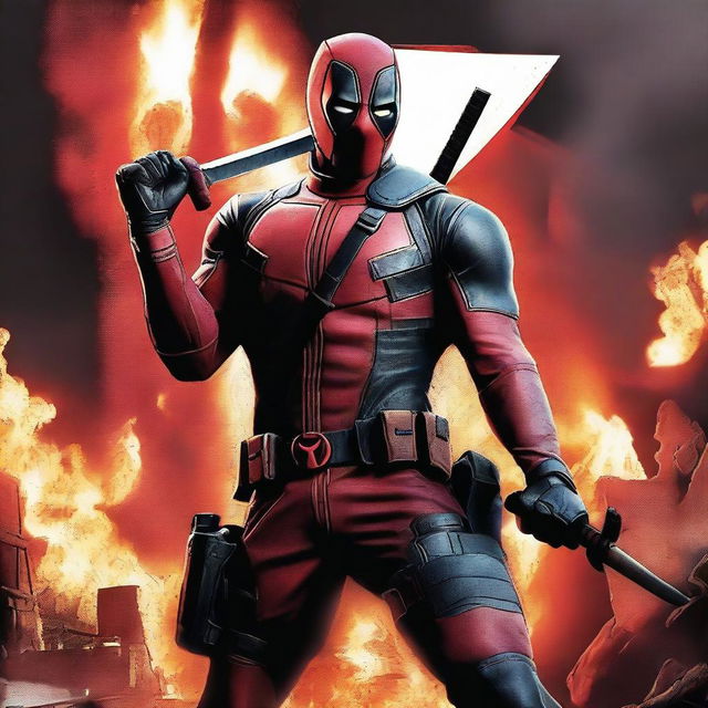 A high-quality movie poster for Deadpool 3, featuring Deadpool in his iconic red and black suit, striking a dynamic pose with his katanas