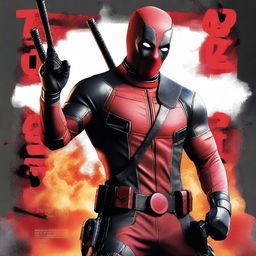 A high-quality movie poster for Deadpool 3, featuring Deadpool in his iconic red and black suit, striking a dynamic pose with his katanas