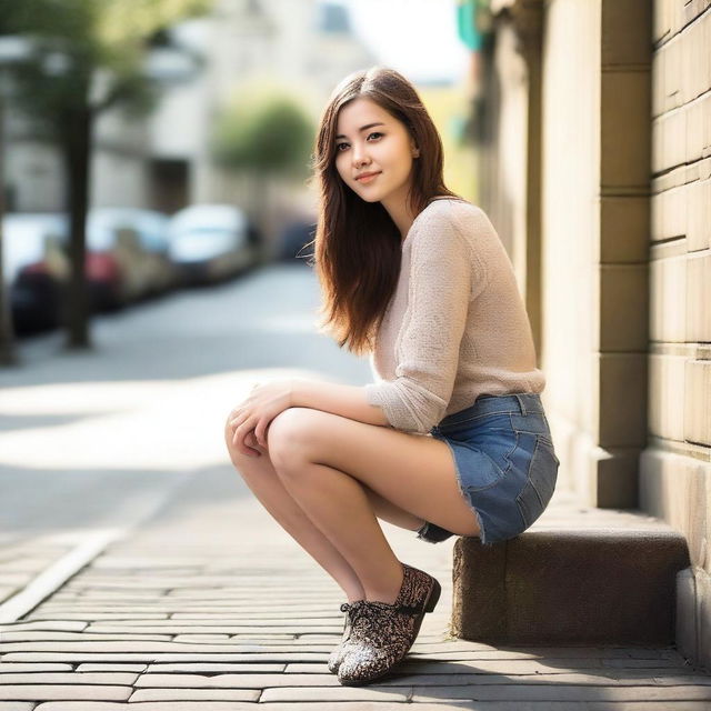 A young woman wearing a mini skirt is crouching down