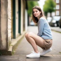 A young woman wearing a mini skirt is crouching down