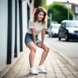 A young woman wearing a mini skirt is crouching down