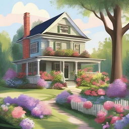 A detailed and beautiful illustration of a cozy house with a garden