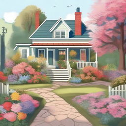 A detailed and beautiful illustration of a cozy house with a garden