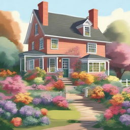 A detailed and beautiful illustration of a cozy house with a garden