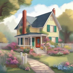 A detailed and beautiful illustration of a cozy house with a garden