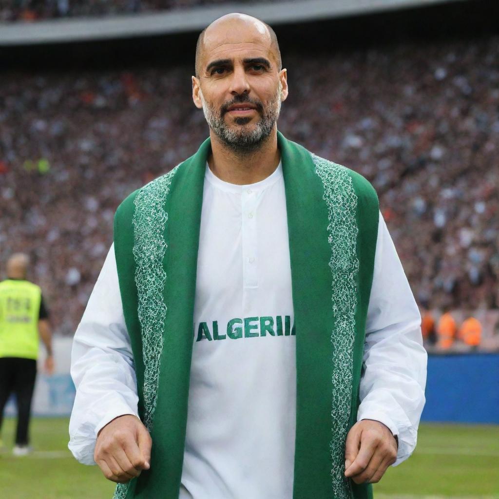 Pep Guardiola wearing traditional Algerian attire, with the word 'Algeria' stylishly embroidered on it.