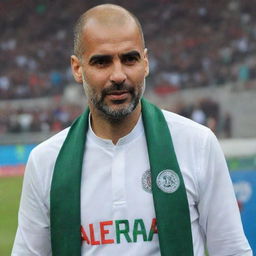 Pep Guardiola wearing traditional Algerian attire, with the word 'Algeria' stylishly embroidered on it.