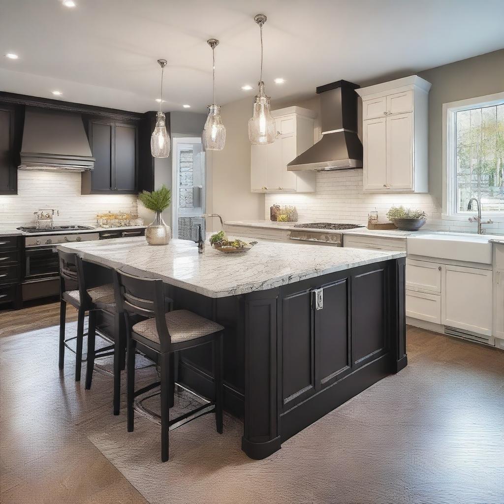 Create an image of a designer home featuring a stylish kitchen and dining area