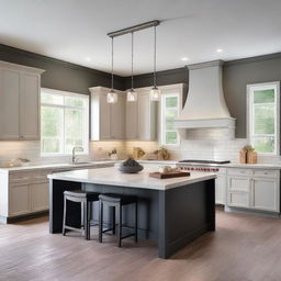 Create an image of a designer home featuring a stylish kitchen and dining area