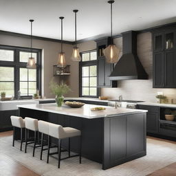 Create an image of a designer home featuring a stylish kitchen and dining area