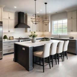 Create an image of a designer home featuring a stylish kitchen and dining area