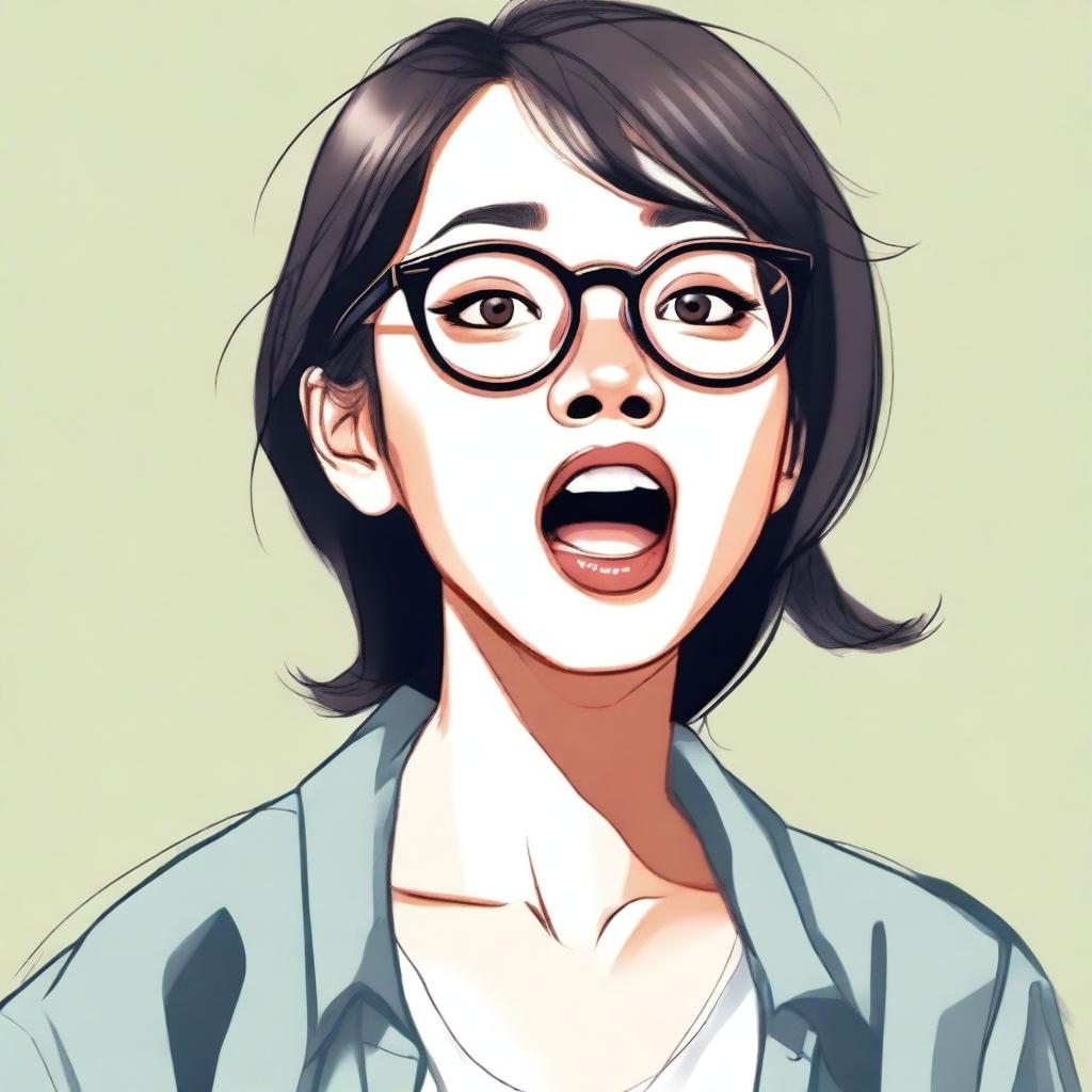 A detailed illustration of an Asian woman with glasses, big eyes, and an open mouth with her tongue out