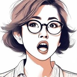 A detailed illustration of an Asian woman with glasses, big eyes, and an open mouth with her tongue out