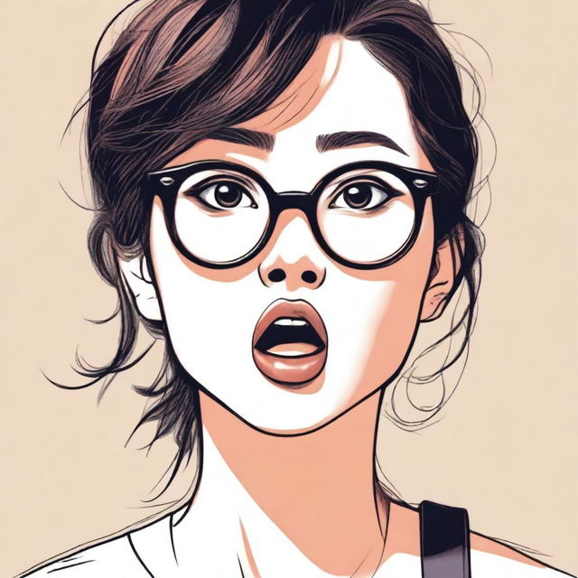 A detailed illustration of an Asian woman with glasses, big eyes, and an open mouth with her tongue out