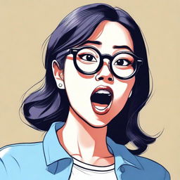 A detailed illustration of an Asian woman with glasses, big eyes, and an open mouth with her tongue out