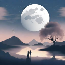 A beautiful landscape featuring the moon and two people, a man and a woman