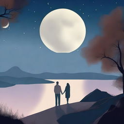 A beautiful landscape featuring the moon and two people, a man and a woman